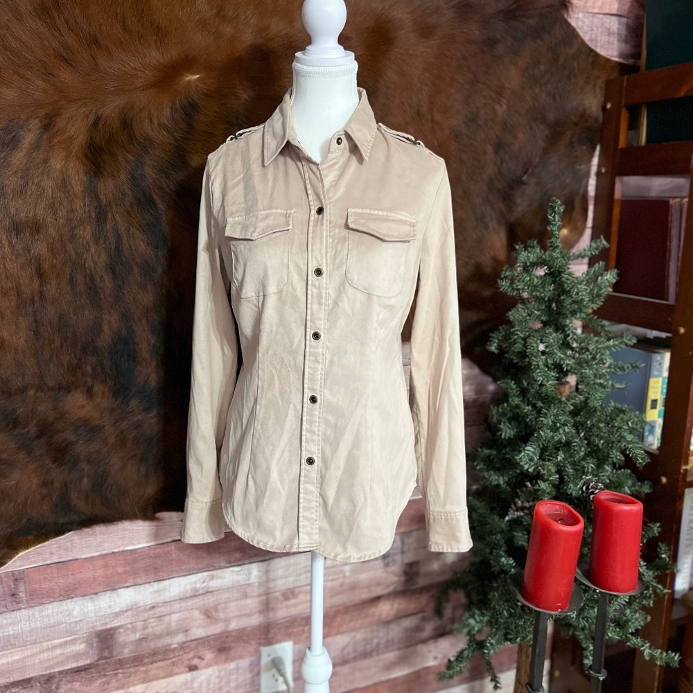 New York & Company Beige Button-Up Blouse